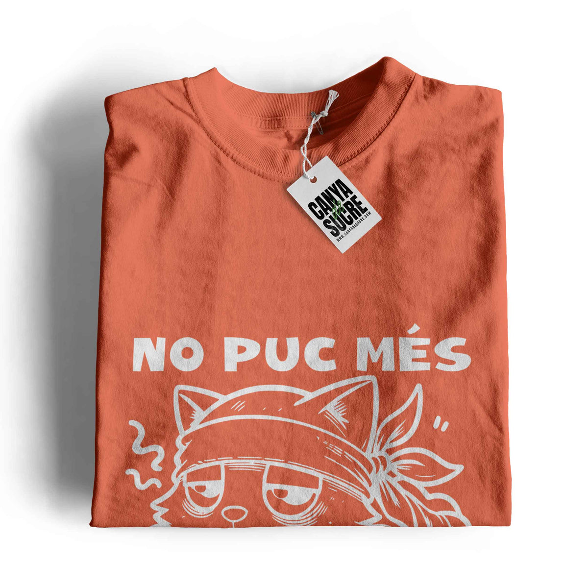 Samarreta coral amb estampat d'un gat aborronat i la frase "no puc més". Disseny original de Canya de Sucre
