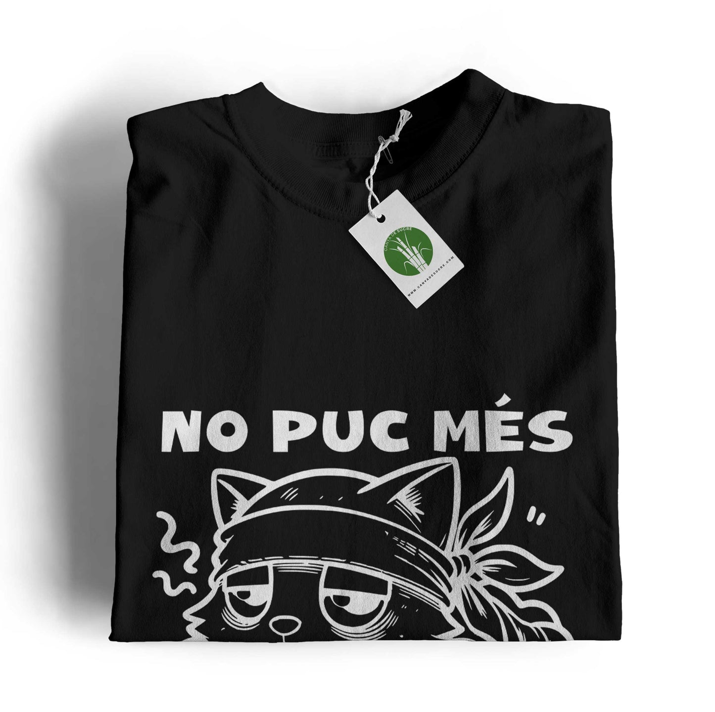 Samarreta negra amb estampat d'un gat aborronat i la frase "no puc més". Disseny original de Canya de Sucre