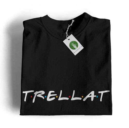 Samarreta unisex de cotó amb la paraula “Trellat” en tipografia inspirada en la sèrie Friends amb punts de colors entre les lletres, disponible en color negre, de la marca valenciana Canya de Sucre.