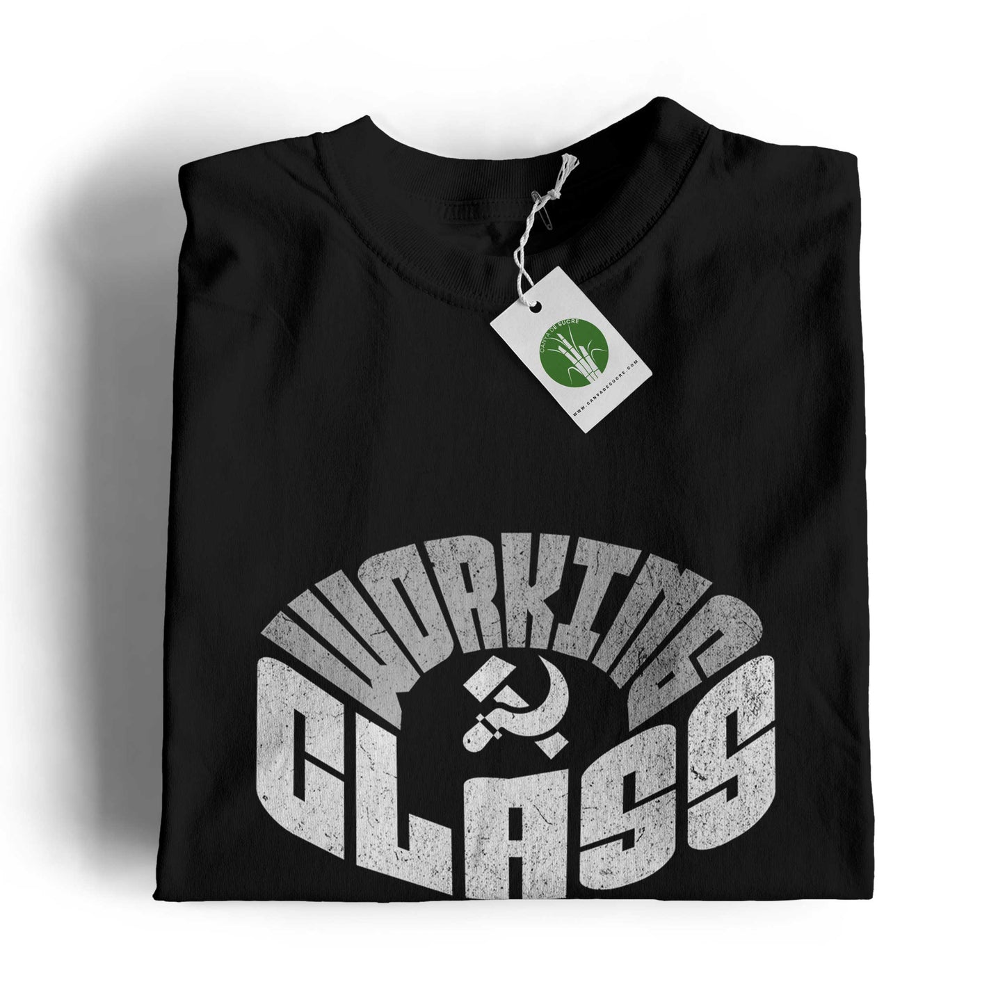 Samarreta negra unisex de cotó amb el disseny “Working Class” en tipografia gran d’estil vintage i un símbol obrer al centre, sobre fons neutre, de la marca valenciana Canya de Sucre.