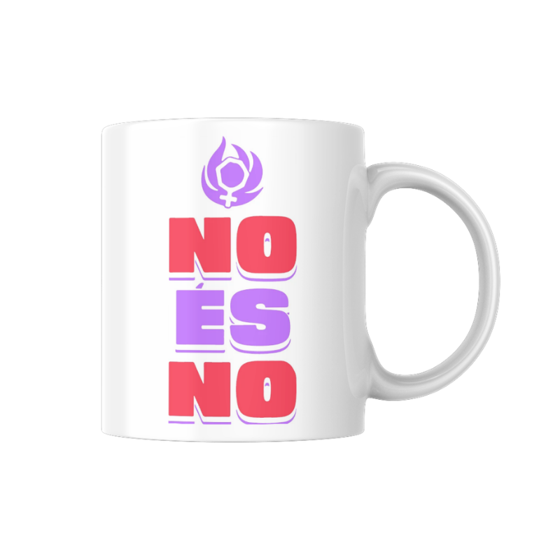 Tassa de ceràmica blanca de 350ml amb la frase "No és no" en lletres bold roges i liles i el símbol de Venus, de Canya de Sucre.