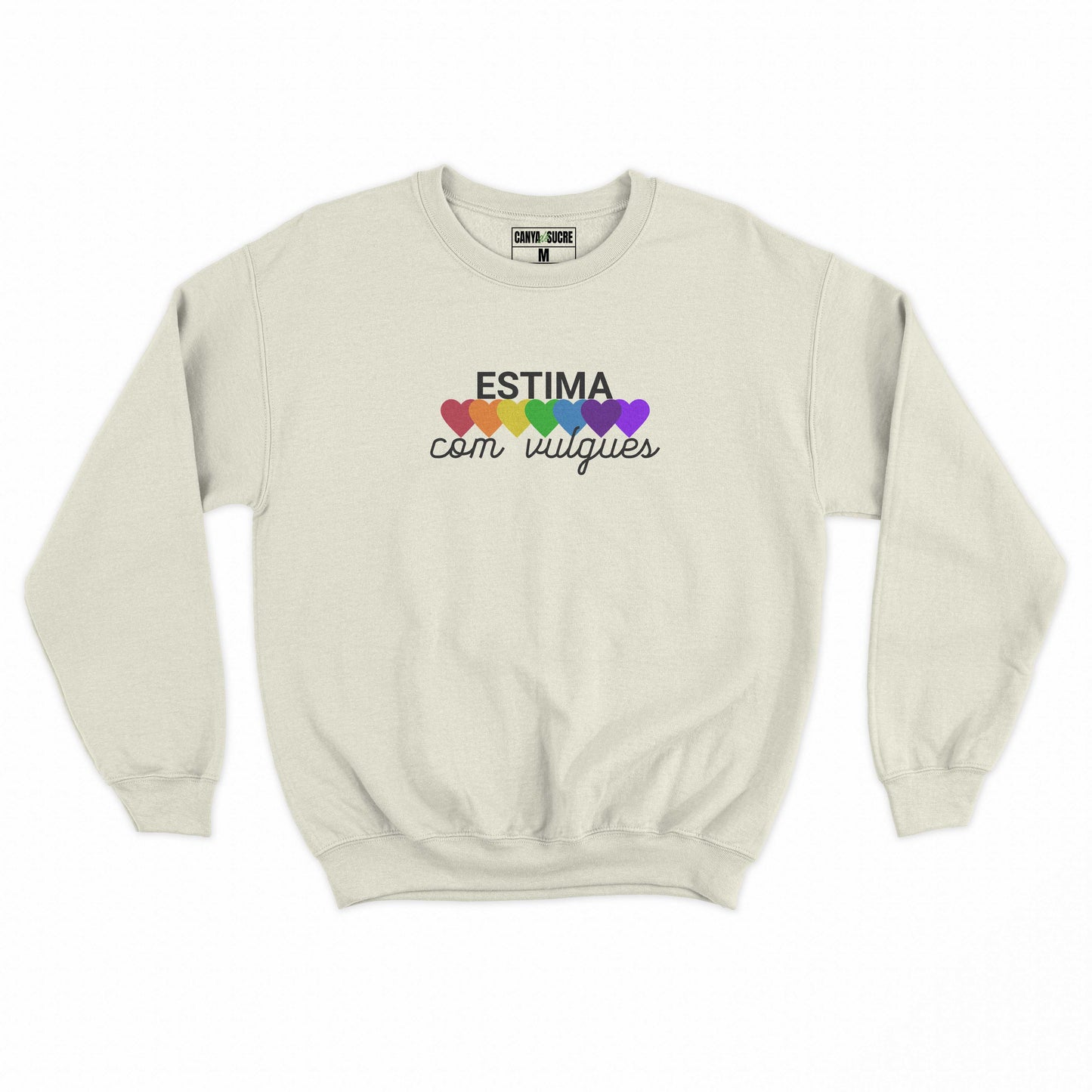 Dessuadora en color blanc vintage amb motiu lgtbi+ i la frase estima com vulgues 