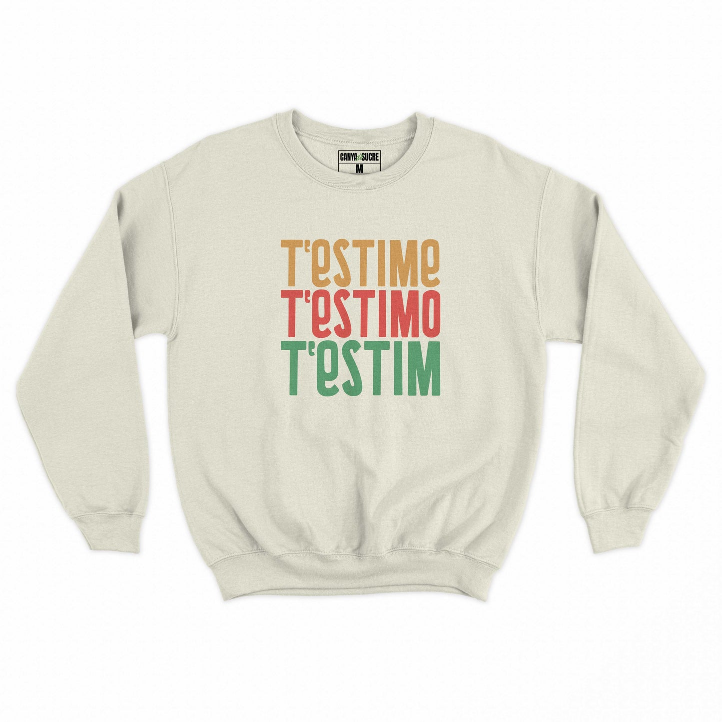 Dessuadora en color blanc vintage amb la frase en valencià t'estimo t'estime t'estim coneguda per una cançó de La Gossa Sorda