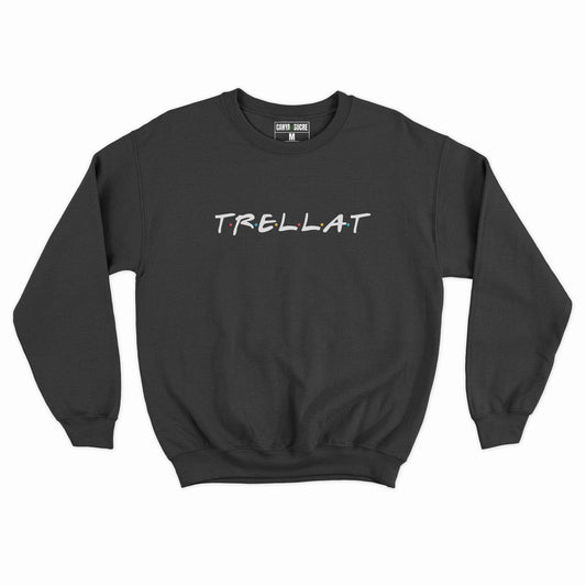 Dessuadora negra amb el disseny “Trellat” al pit en tipografia negra amb punts de colors, de Canya de Sucre.