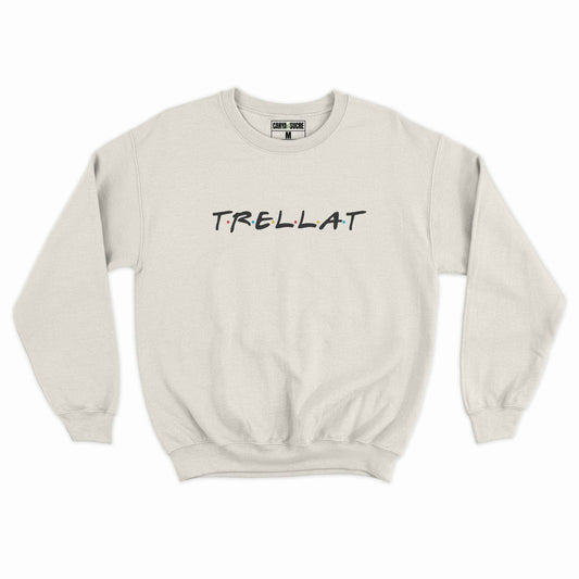 Dessuadora blanc vintage amb el disseny “Trellat” al pit en tipografia negra amb punts de colors, de Canya de Sucre.