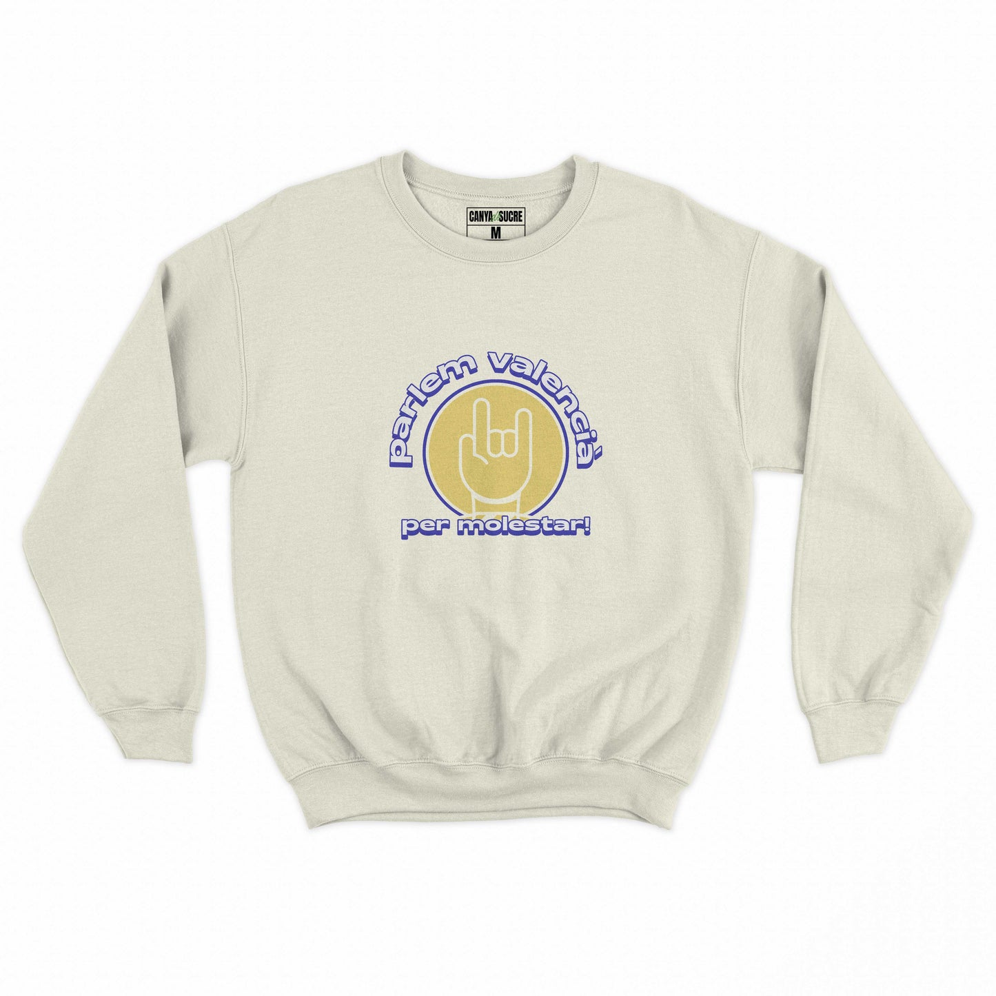 Dessuadora original en color clanc vintage i en defensa de la llengua amb la frase i el disseny Valencià per molestar