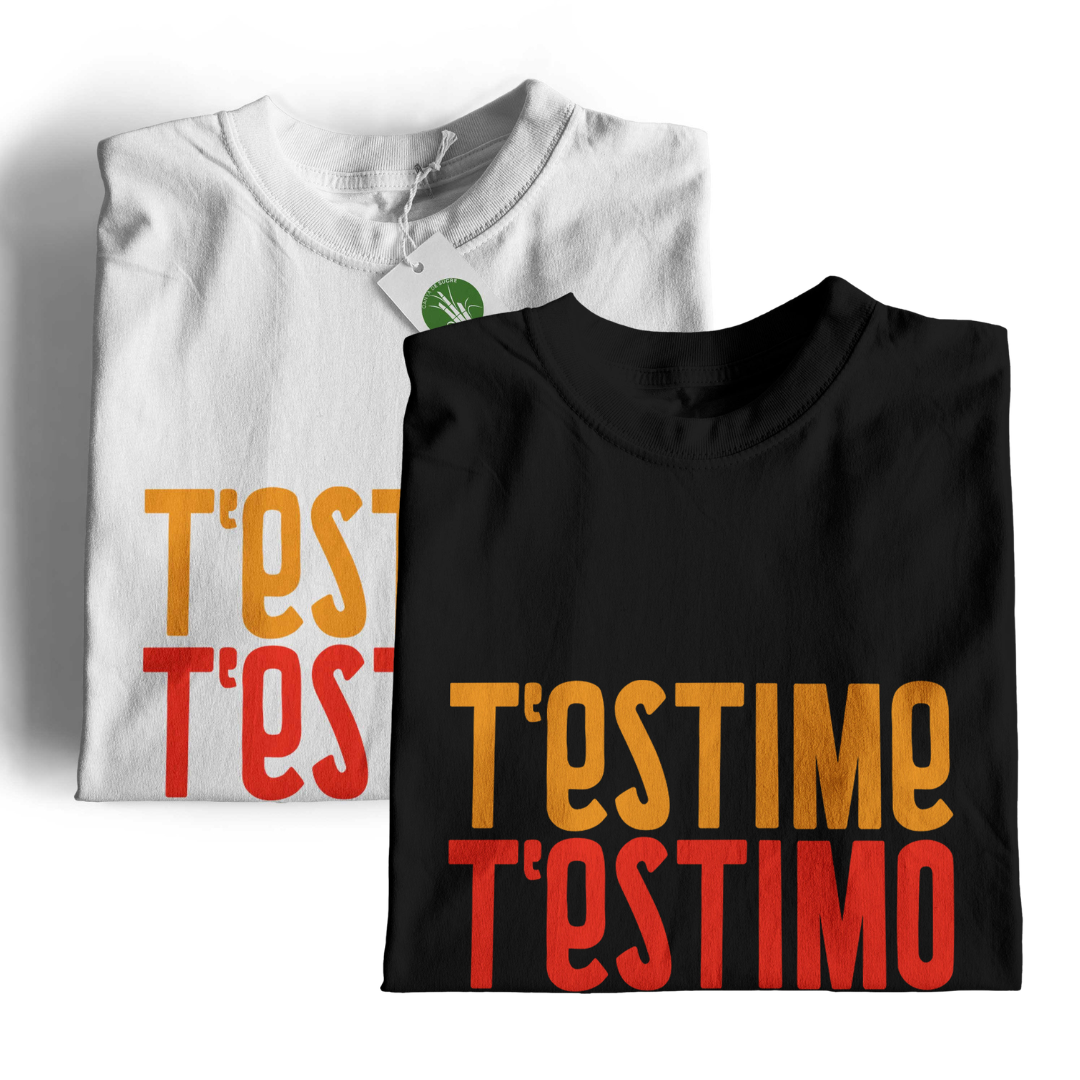 Pack parella de Canya de Sucre format per dues samarretes amb el disseny "T'estime, t'estimo, t'estim" en taronja, roig i verd.