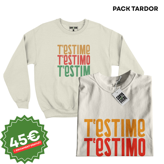 Samarreta i dessuadora amb la frase "T'estime, t'estimo, t'estim" de La Gossa Sorda, Pack Tardor de Canya de Sucre.