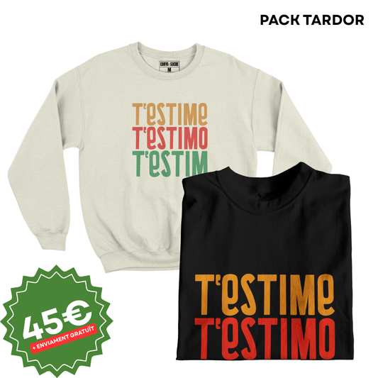 Samarreta i dessuadora amb la frase "T'estime, t'estimo, t'estim" de La Gossa Sorda, Pack Tardor de Canya de Sucre.