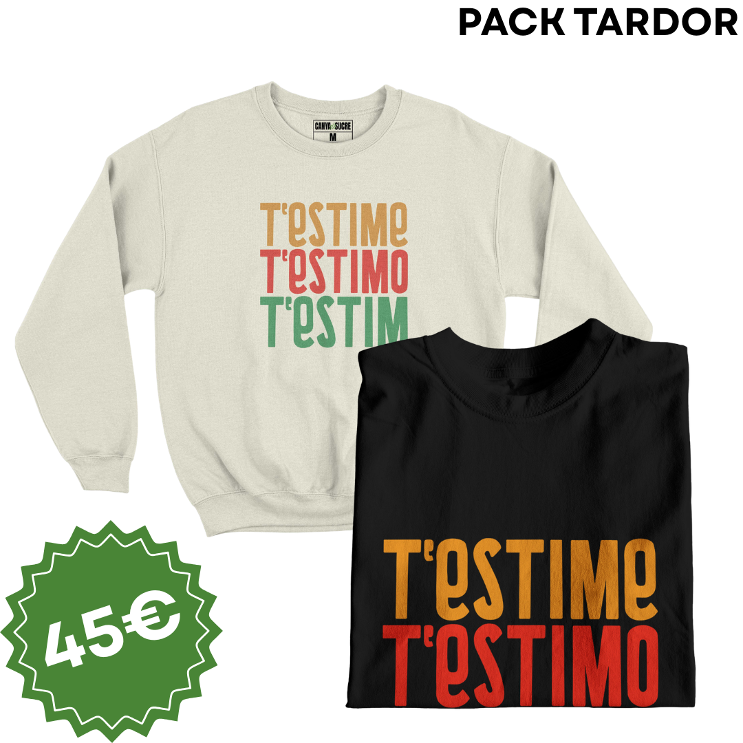 Samarreta i dessuadora amb la frase "T'estime, t'estimo, t'estim" de La Gossa Sorda, Pack Tardor de Canya de Sucre.