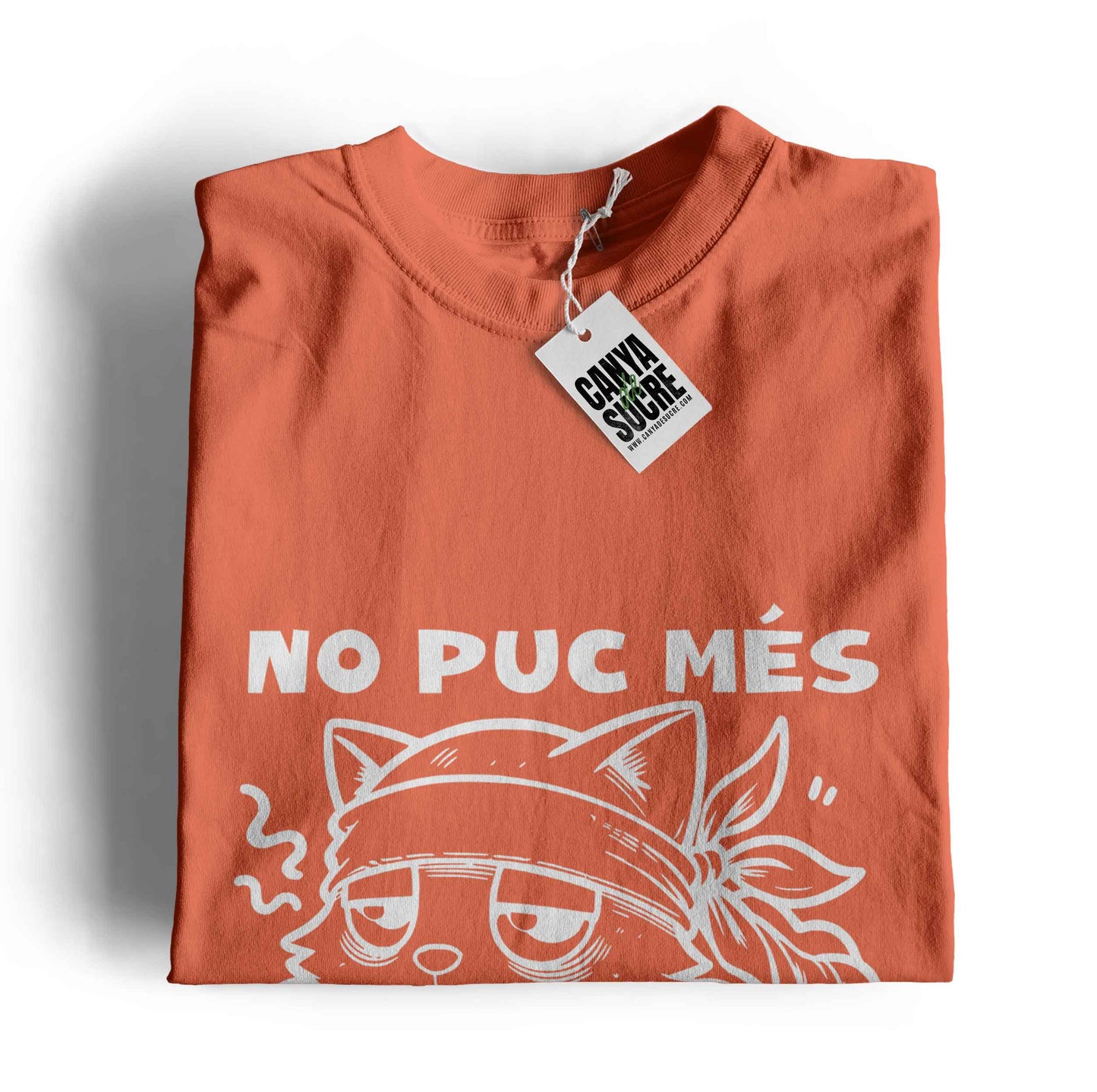 Samarreta coral amb estampat d'un gat aborronat i la frase "no puc més". Disseny original de Canya de Sucre