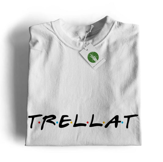 Samarreta unisex de cotó amb la paraula “Trellat” en tipografia inspirada en la sèrie Friends amb punts de colors entre les lletres, disponible en color blanc, de la marca valenciana Canya de Sucre.