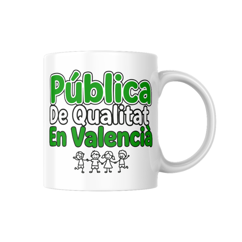 Tassa de ceràmica blanca de 350ml amb el disseny "Pública, De Qualitat, En Valencià" en verd i il·lustració de xiquets agafats de la mà, de Canya de Sucre.