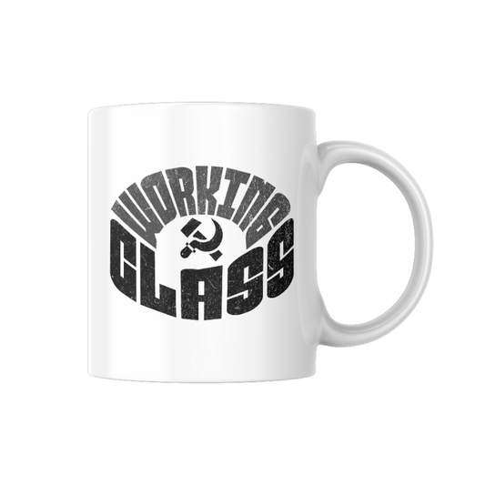 Tassa de ceràmica blanca amb el disseny “Working Class” en tipografia gran d’estil vintage i un símbol obrer al centre, producte de la marca valenciana Canya de Sucre.